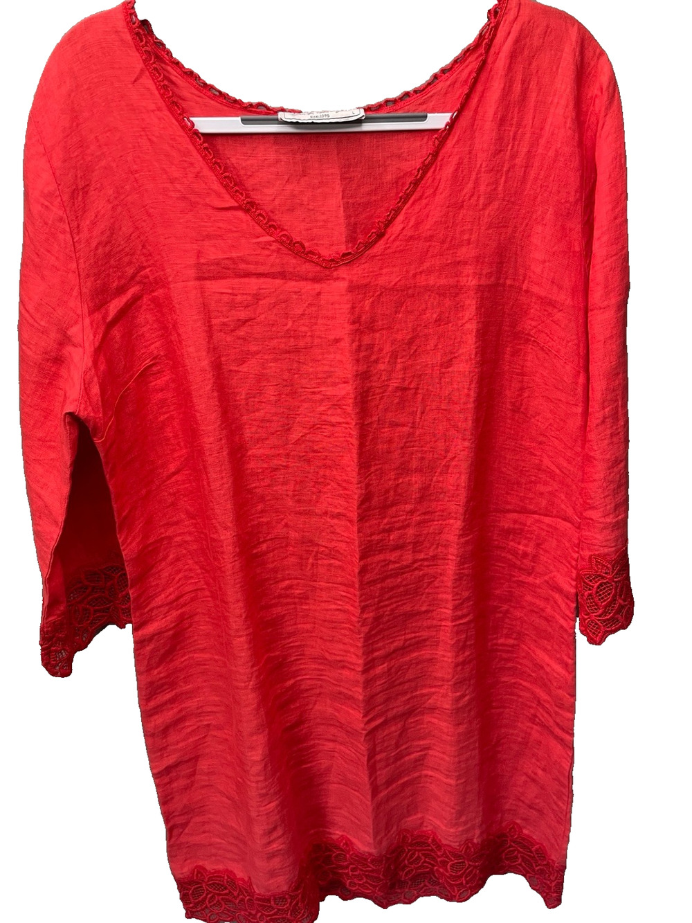 Paris Cotton Greece 100% Linen Cover Up Tunic Top Dress Large Coral Crochet Trim